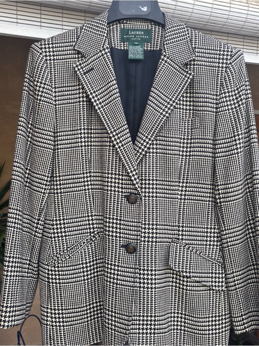 Lauren Ralph Lauren Black & Cream Glen Plaid Blazer Silk/Cashmere/Wool